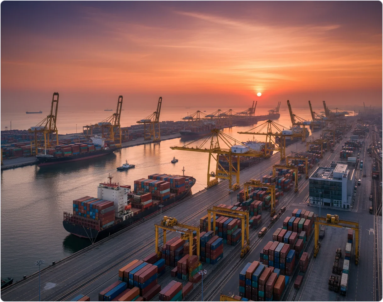 Container port at sunset